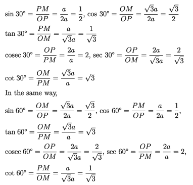 Trigonometric ratios for the angles 30°, 45°, and 60°